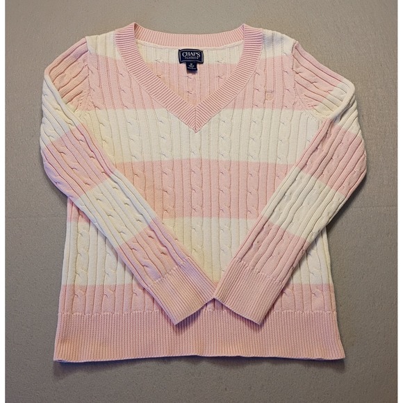 Chaps Cable Knit Women's Sweater Medium Pink White Preppy V-Neck Stripe Slim Fit - Picture 1 of 10